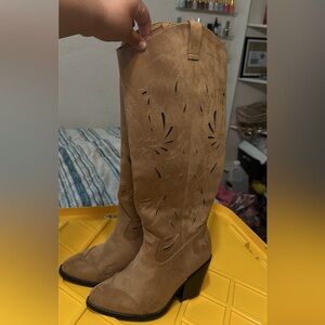 Tan Suede Western Knee-High Boots WIDE